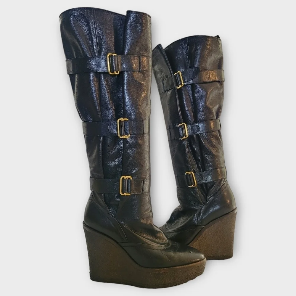 YSL Yves Saint Laurent Tall Black Leather Wedge Boots Vintage 90s Y2K - Picture 7 of 16